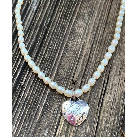 LIve Laugh Love Sterling Silver Heart and Freshwater Pearl Necklace - Picture 7 of 8